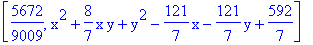 [5672/9009, x^2+8/7*x*y+y^2-121/7*x-121/7*y+592/7]